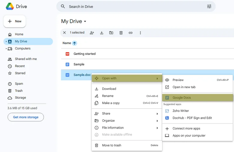 Opción Abrir con Documentos de Google