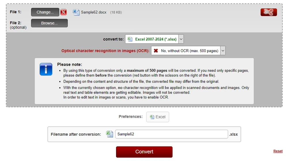 Online2PDF DOCX to XLSX Converter