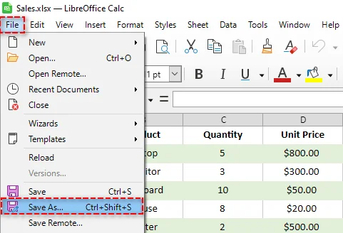 Click the Save As Option in LibreOffice