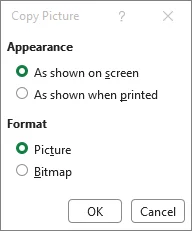 Excel Copy as Picture dialog settings for high image quality