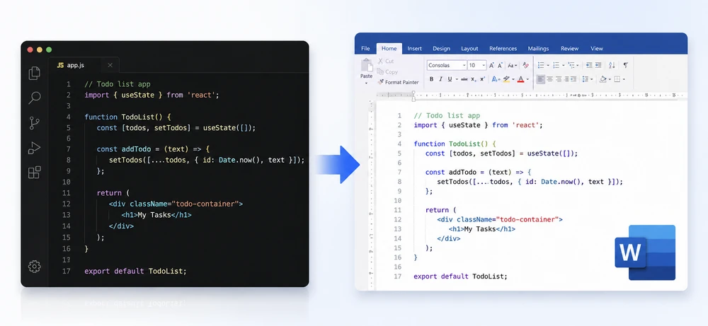 JavaScript code displayed in a formatted Word document with syntax highlighting