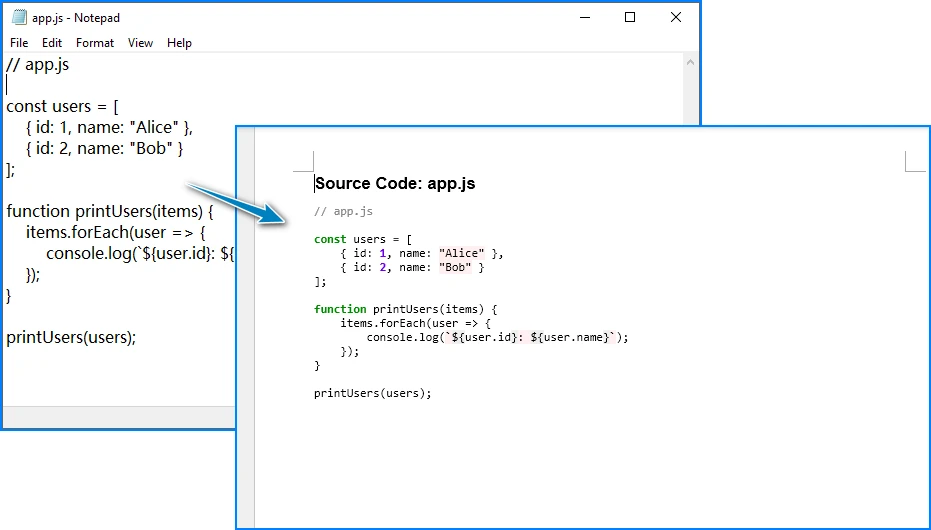 Word document showing JavaScript code with blue keywords, green strings, and gray comments