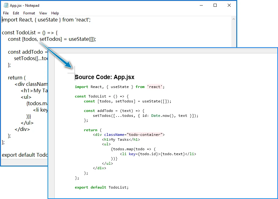 Word document showing JSX code with blue keywords, green strings, and gray comments