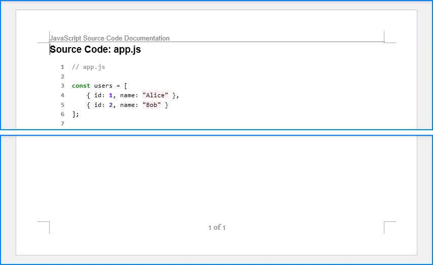 Word document showing JavaScript code with blue keywords, green strings, and gray comments with line numbers and headers and footers