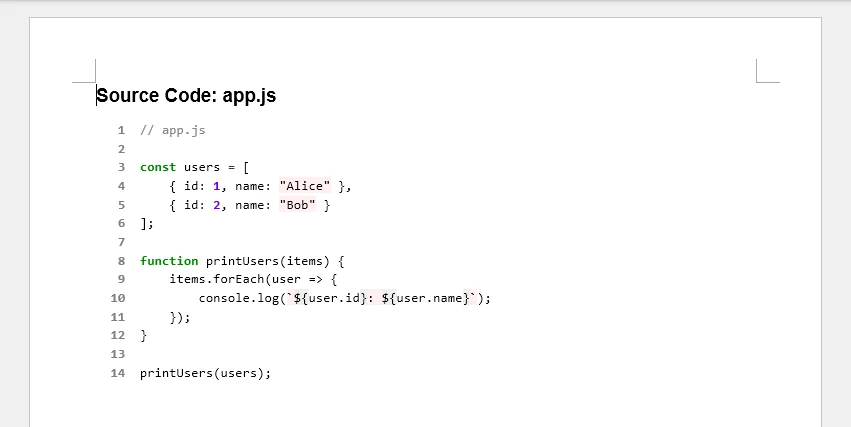 Word document showing JavaScript code with blue keywords, green strings, and gray comments with line numbers
