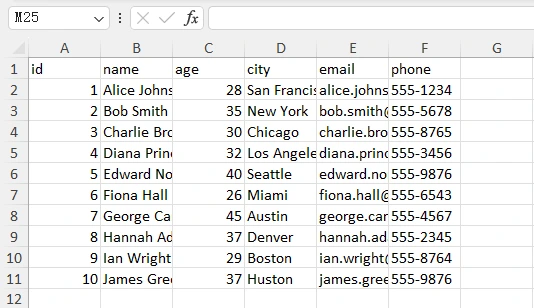 Folha de Excel simples gerada pelo SheetJS