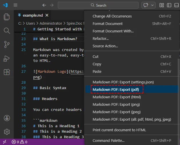 Exporte o Markdown para PDF usando a extensão Markdown PDF do VS Code