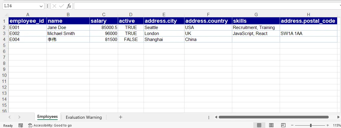 Convert nested json to Excel