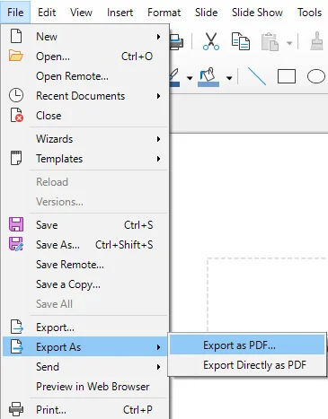 Opzione Esporta come PDF di LibreOffice Impress per convertire file ODP in PDF