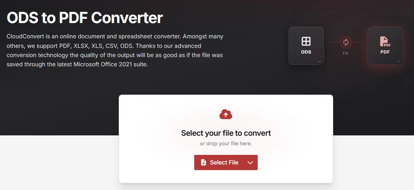 CloudConvert ODS to PDF converter page showing the Select File upload button