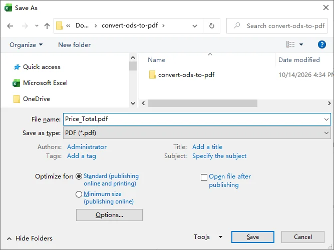 Microsoft Excel Save As dialog with PDF selected as the file type for an ODS workbook
