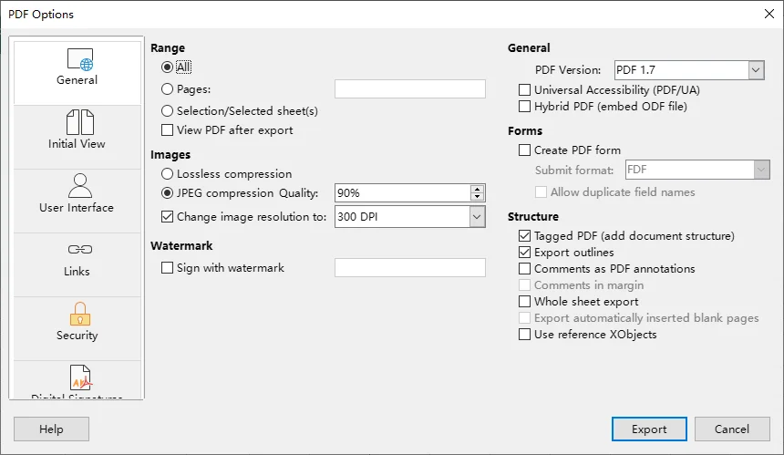 LibreOffice Calc PDF Options dialog with All selected under Range for ODS to PDF export