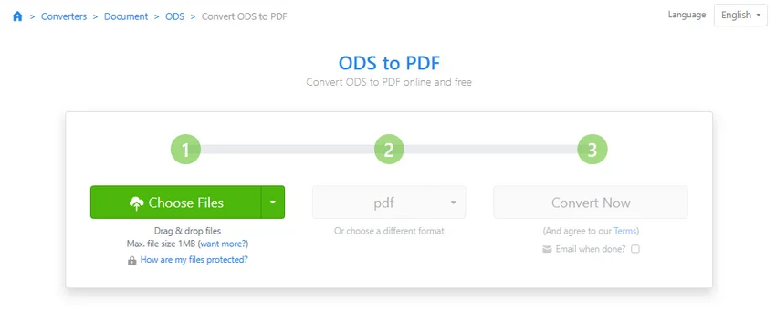 Zamzar ODS to PDF converter page showing the Choose Files upload button