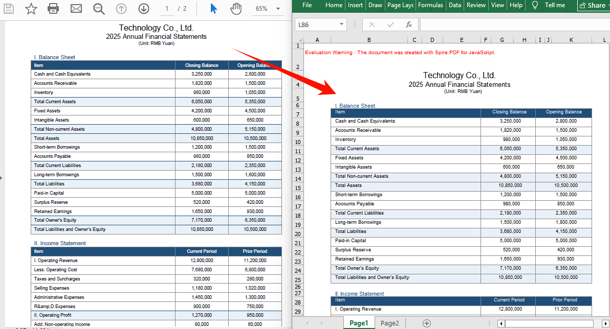 Excel document generated using the regular conversion method