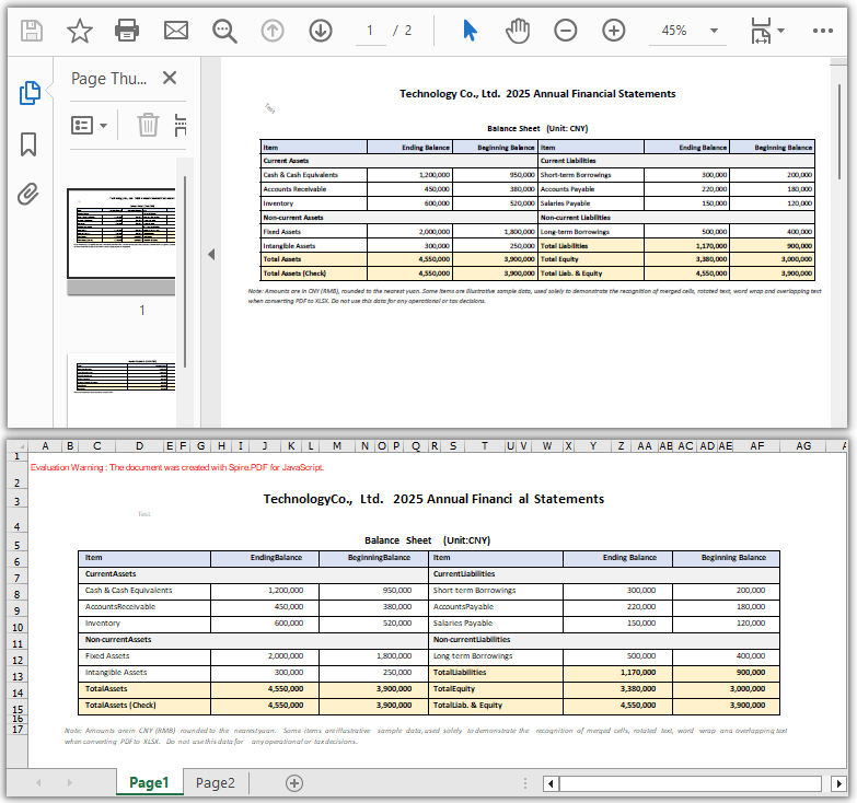 Excel document generated using the XlsxLineLayoutOptions conversion option