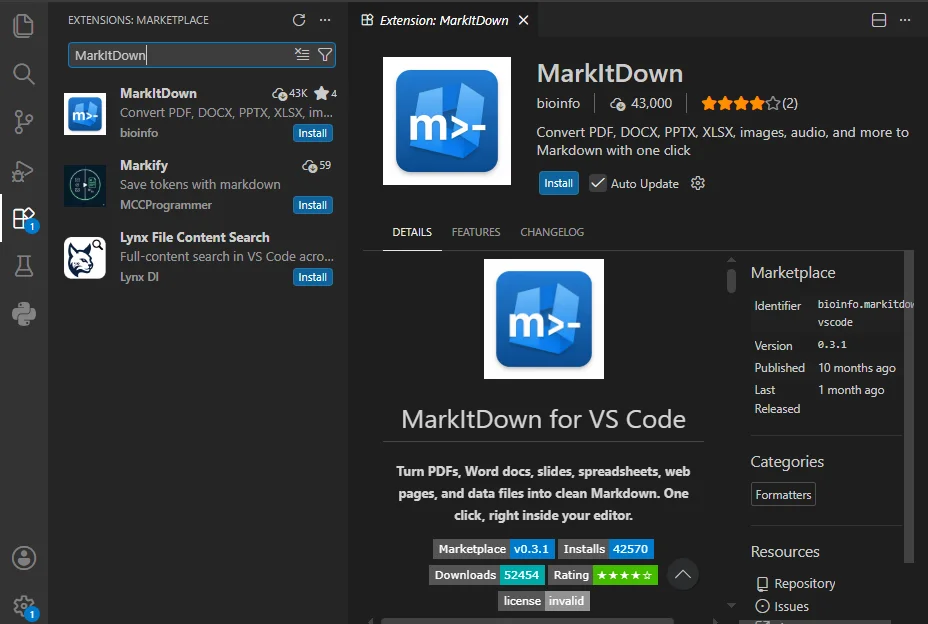 Extension MarkItDown dans Visual Studio Code pour convertir un PDF en Markdown