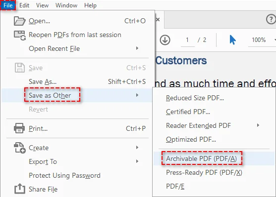 Save PDF as PDF/A with Adobe Acrobat