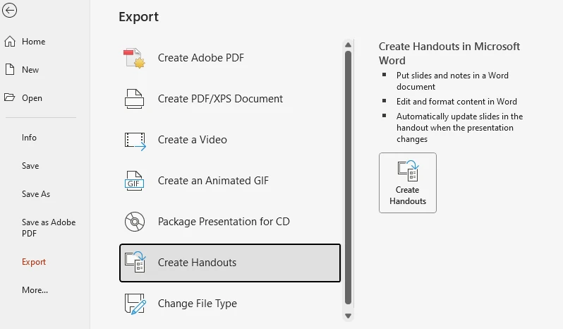 Captura de pantalla del diálogo de exportación de PowerPoint