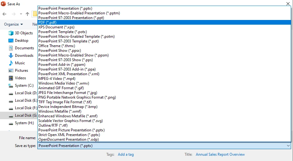 Captura de pantalla del diálogo Guardar como PDF de PowerPoint