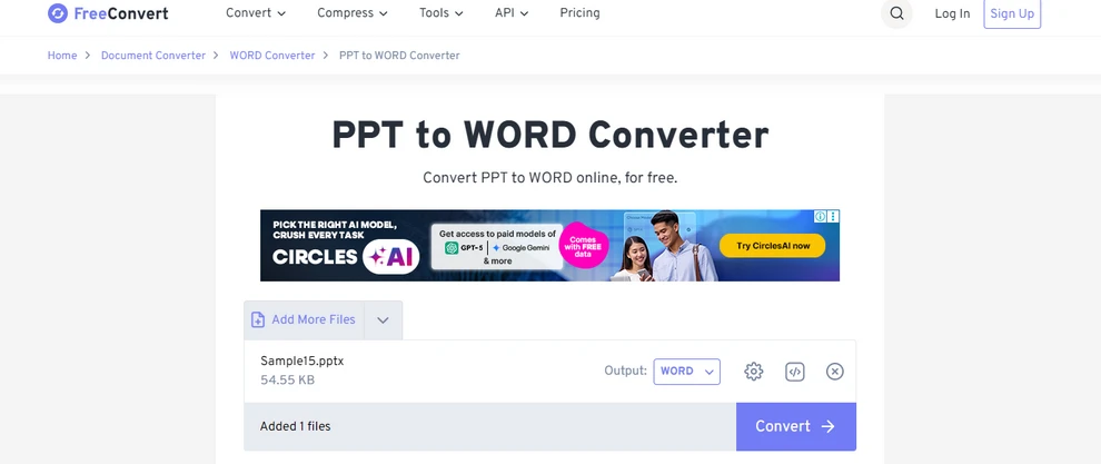 Interfaz de Usuario del Conversor de PPT a Word de FreeConvert