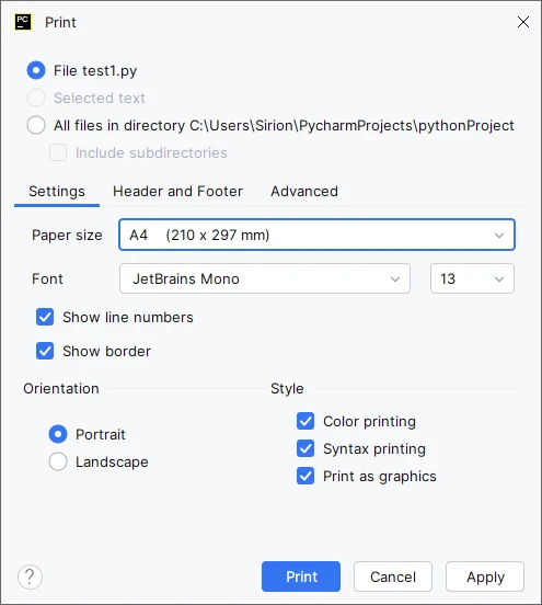 Configuração de Impressão do PyCharm