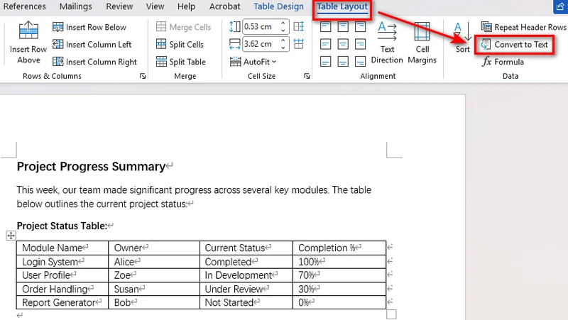 Convertir un tableau Word en texte dans Microsoft Word