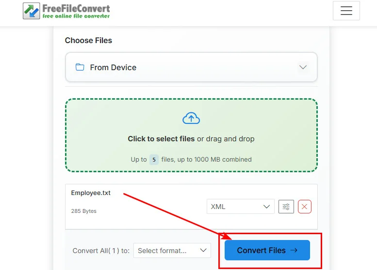 Converter Arquivos de Texto para XML com FreeFileConvert