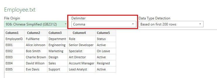 Define Delimiters of Text File