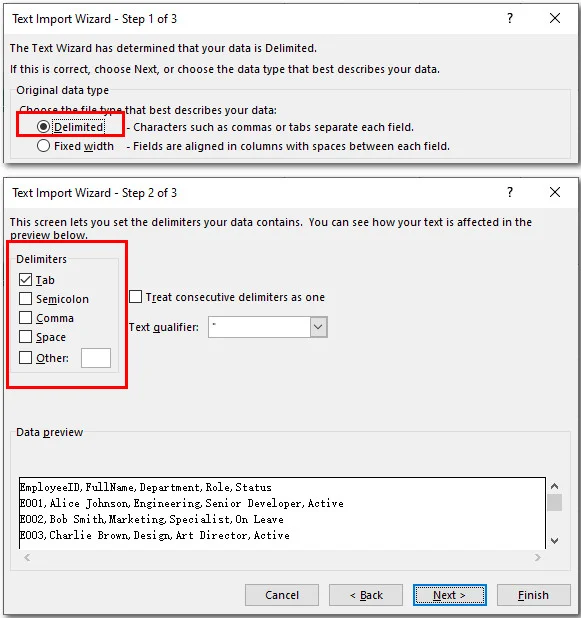 Choose File Type and the Delimiter of TXT Document