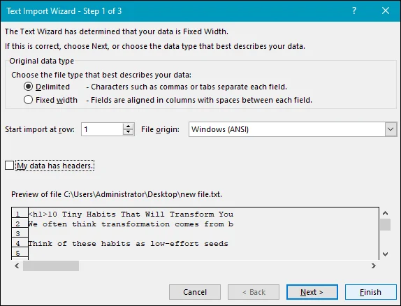 choose file type of delimited or fixed width