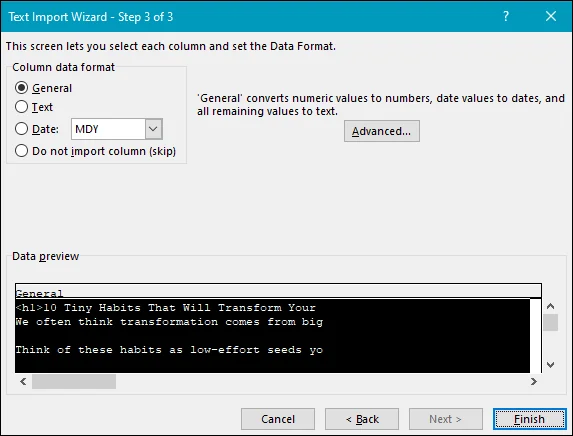 adjust column data formats to finish conversion setting