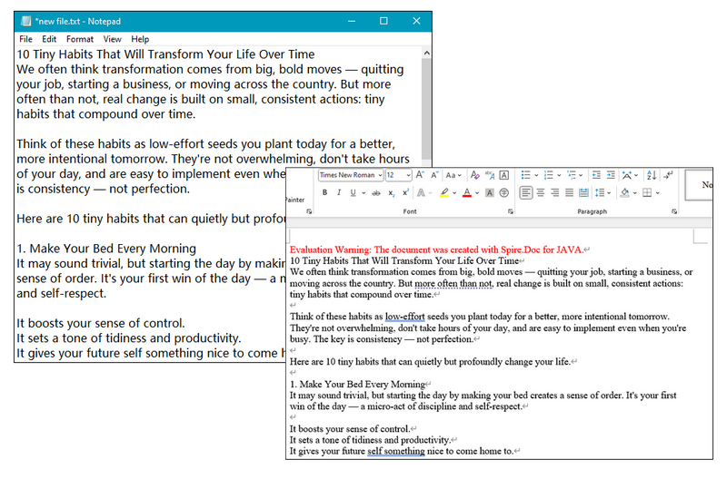 result of converting txt to word with spire doc for java