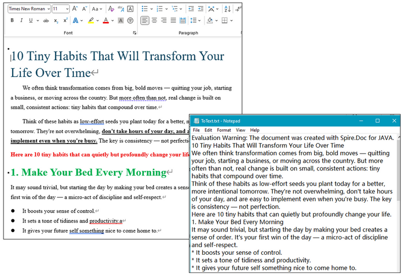 result of converting word to txt with spire doc for java