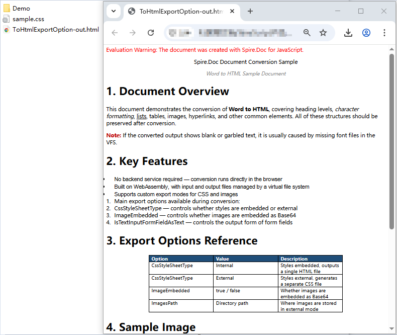 HTML, CSS, and image files generated after configuring the export options