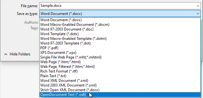 Save Word as ODT in Microsoft Word