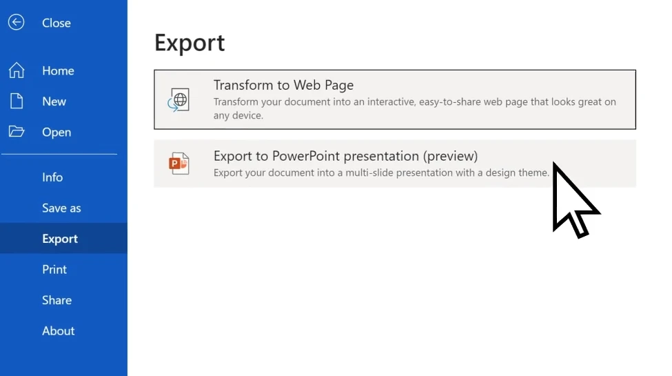 Microsoft Word를 PowerPoint 인터페이스로 내보내기