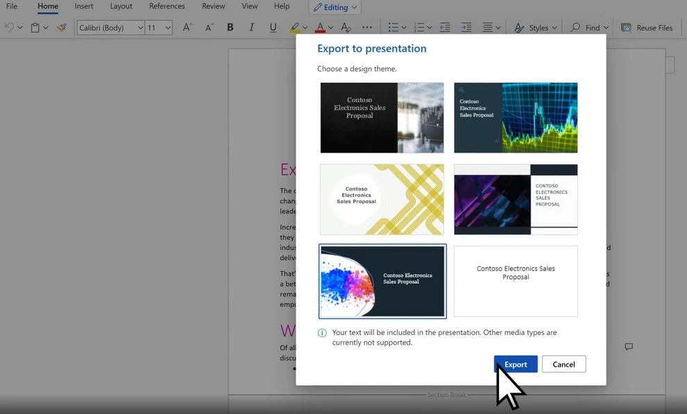 Microsoft Word를 PowerPoint 테마로 내보내기