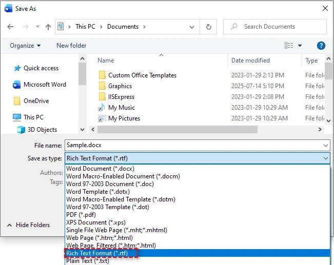 Convert Word to RTF using Microsoft Word's Save As option