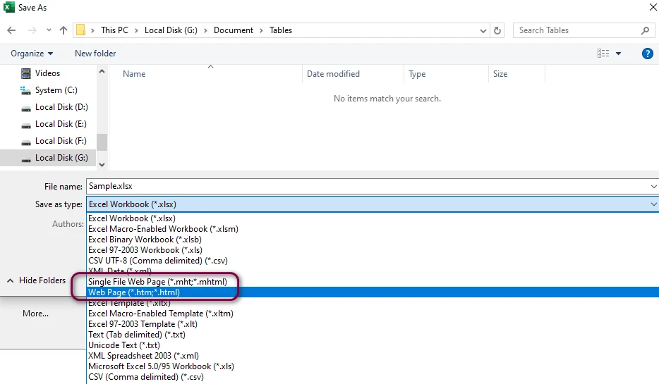 Excel-Datei als Webseite im Dialogfeld „Speichern unter“ speichern