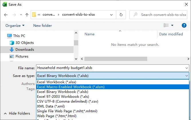 Microsoft Excel Save As dialog with Excel Workbook XLSX selected as the output format