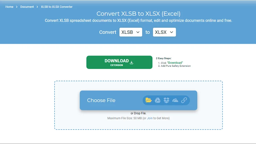 Vertopal XLSB to XLSX converter showing the Choose File upload option
