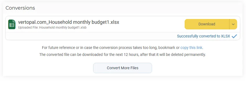 Vertopal XLSB to XLSX conversion result with the converted file ready to download