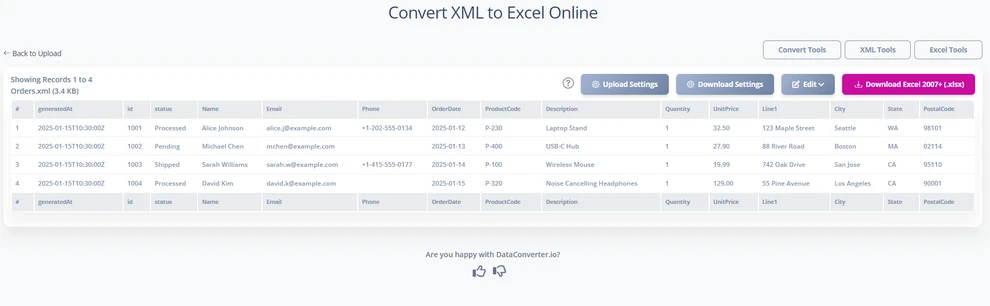 Converti XML in XLSX usando lo strumento online DataConverter.io