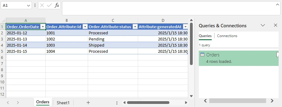 Risultato dell'importazione da XML a XLSX utilizzando Excel