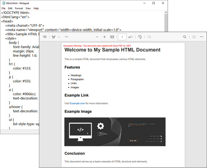 A screenshot of the input HTML file and output PDF file.