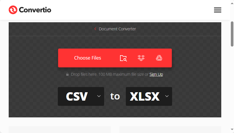 Convertio interface for batch CSV conversion.