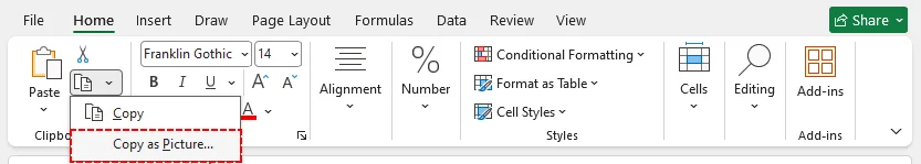 Home tab Copy menu showing “Copy as Picture” option