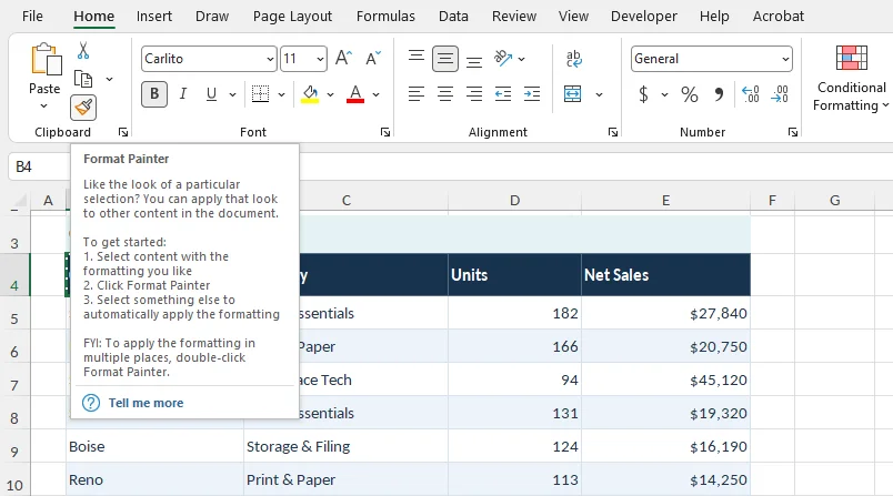 Excel Format Painter on the Home tab used to copy the formatting of a sales table header to another range