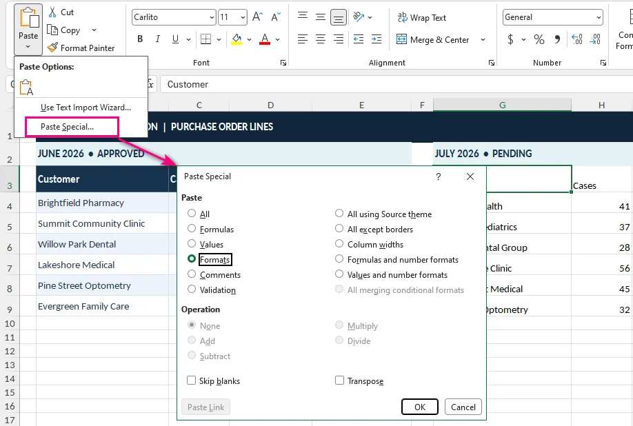 Excel Paste Special dialog with Formats selected to copy cell formatting without replacing existing values or formulas