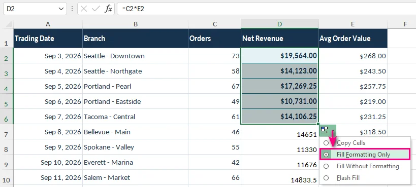 Excel Auto Fill Options menu showing Fill Formatting Only for extending D2 formatting through D20
